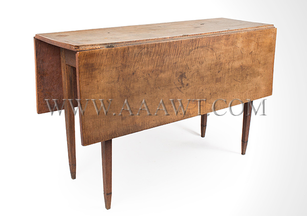Table, Hepplewhite Drop Leaf, Figured Maple in Original Surface
New England, Circa 1790, angle view